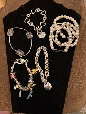 Silver Heart Charm Bracelet with Pearl and Crystal Accents - White/Silver bundle